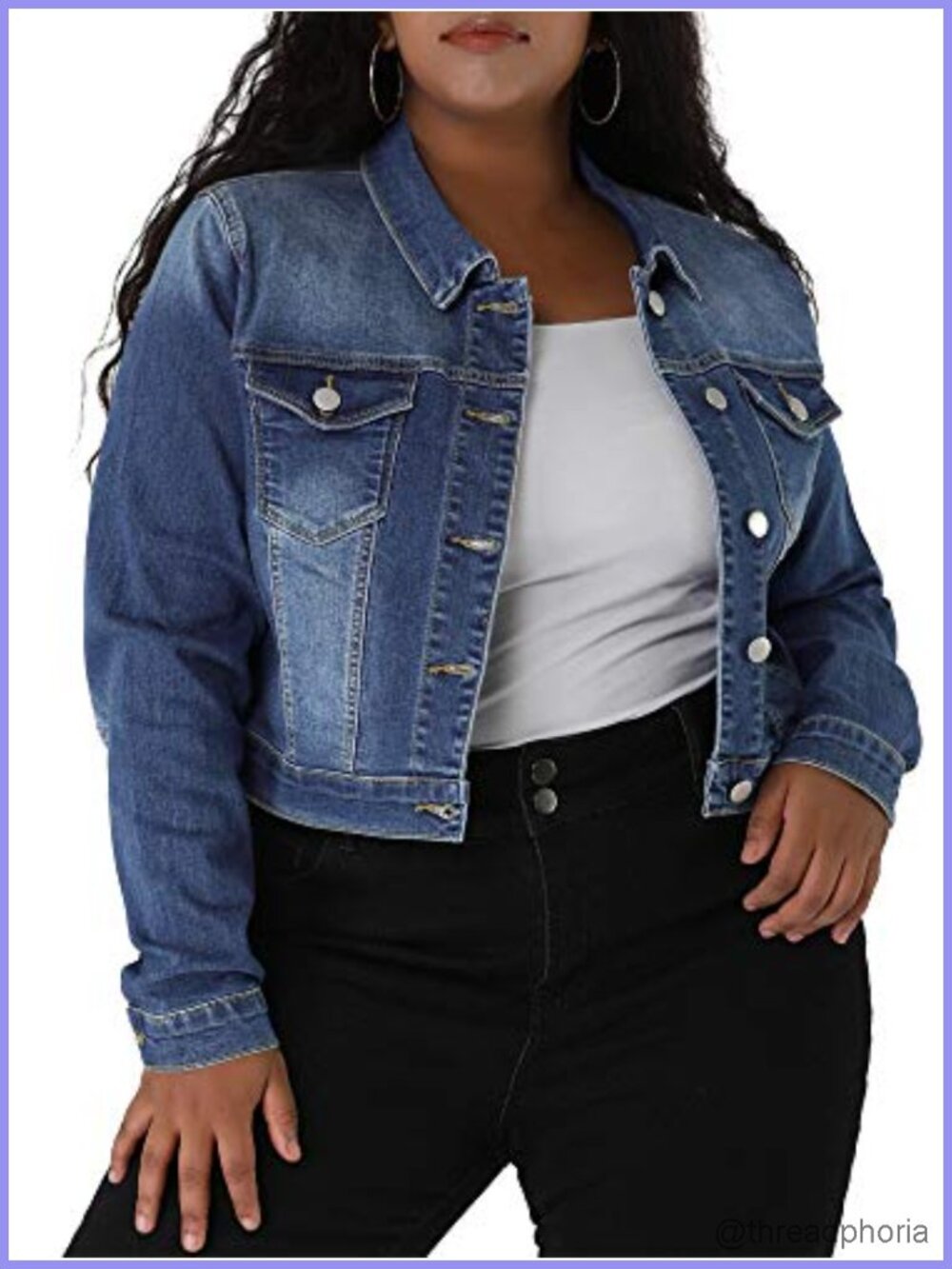 Women's Plus Size Button Closed Cropped Denim Jacket Stitching